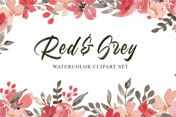 Red & Grey Watercolor Clipart